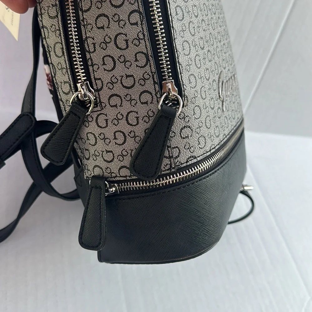 New GUESS Black Gray Logo Print Double Zipper Small Backpack/Handbag